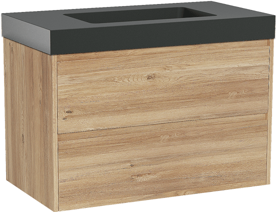 Storke Seda zwevend badmeubel 95 x 52 cm ruw eiken met Scuro High enkele wastafel in kwarts mat zwart