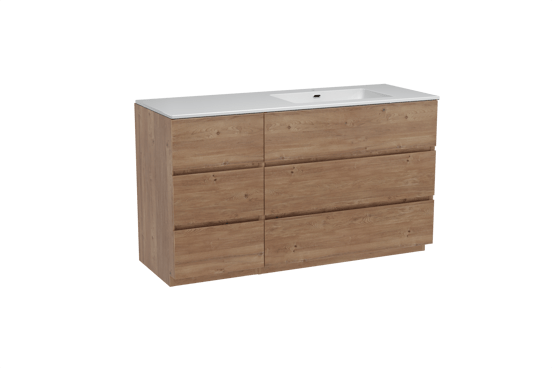 Storke Edge staand badmeubel 140 x 52 cm ruw eiken met Diva asymmetrisch rechtse wastafel in composietmarmer hoogglans wit