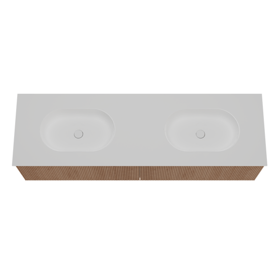 Balmani Forma hängendes Möbelstück Set: 180 x 55 cm, Naturbelassene Eiche, mit Tablo Oval Doppelwaschtisch, Solid Surface, Weiß matt, Vertikale symmetrische gerade Rippe