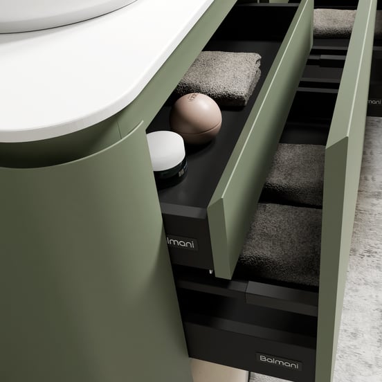 Balmani Moon zwevend badmeubel 160 x 55 cm saliegroen met Moon enkel of dubbel wastafelblad in solid surface mat wit