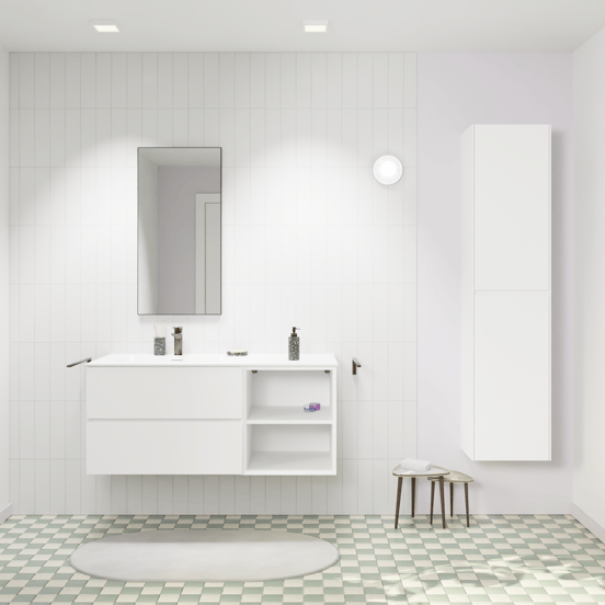 Storke Edge hängendes Möbelstück Set: 120 x 52 cm, Weiß matt, mit Mata Waschtisch links, Solid Surface Weiß matt