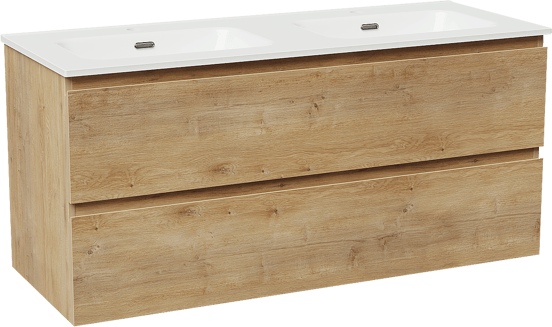 Linie Lado meuble salle de bains suspendu 120 x 46 cm chêne naturel avec Baro double vasque en porcelaine blanc brillant