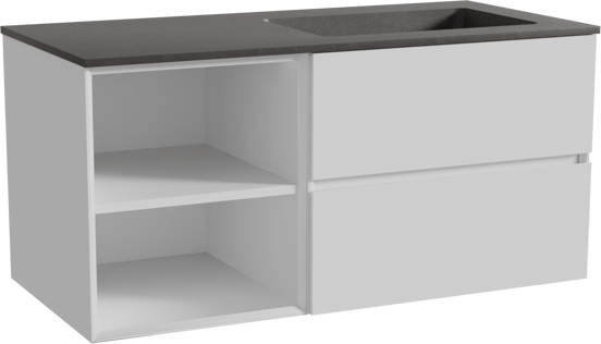 Storke Edge zwevend badmeubel 110 x 52 cm mat wit met Scuro asymmetrisch rechtse wastafel in kwarts mat zwart