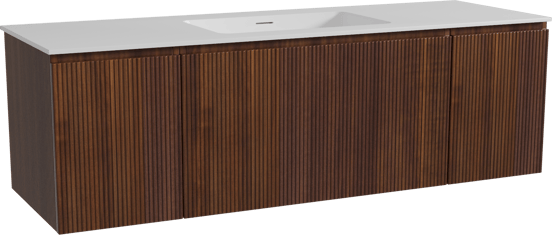 Storke Ribs zwevend badmeubel 155 x 52 cm notenhout met Mata enkele wastafel in solid surface mat wit, Verticale symmetrische rechte ribbel