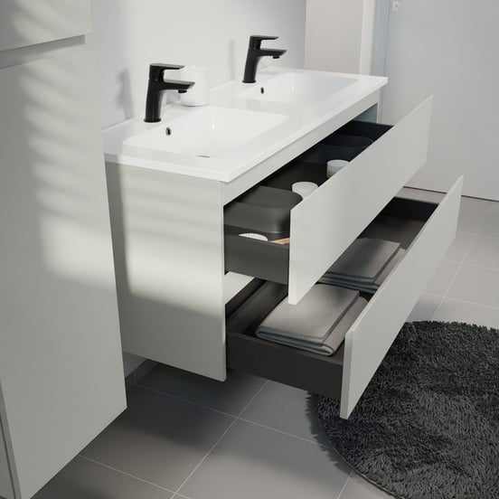 Linie Lado zwevend badmeubel 120 x 46 cm greige met Vano dubbele wastafel in composietmarmer hoogglans wit