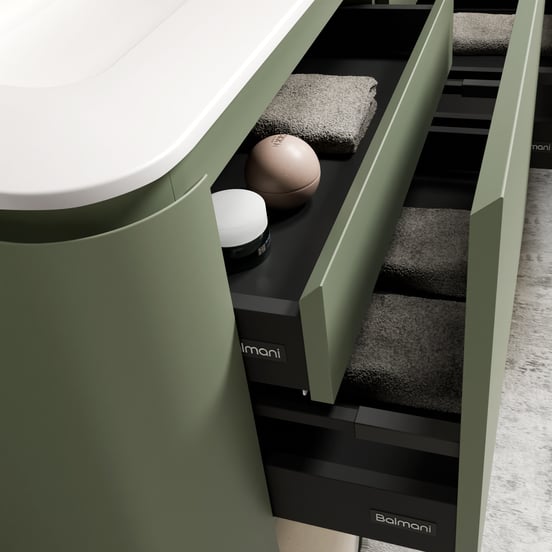 Balmani Moon zwevend badkamermeubel 130 x 55 cm saliegroen met Moon enkel of dubbel tablet in solid surface mat wit