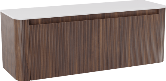 Storke Soft zwevend badkamermeubel 140 x 46 cm notelaar met Tavola Soft enkele of dubbele tablet in solid surface mat wit, Verticale symmetrische rechte ribbel