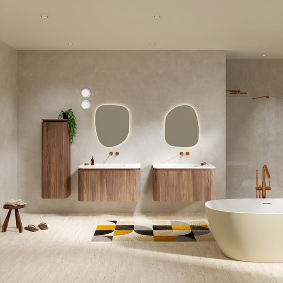 Balmani Moon meuble salle de bains suspendu 100 x 55 cm noyer américain avec Moon plan simple en solid surface blanc mat