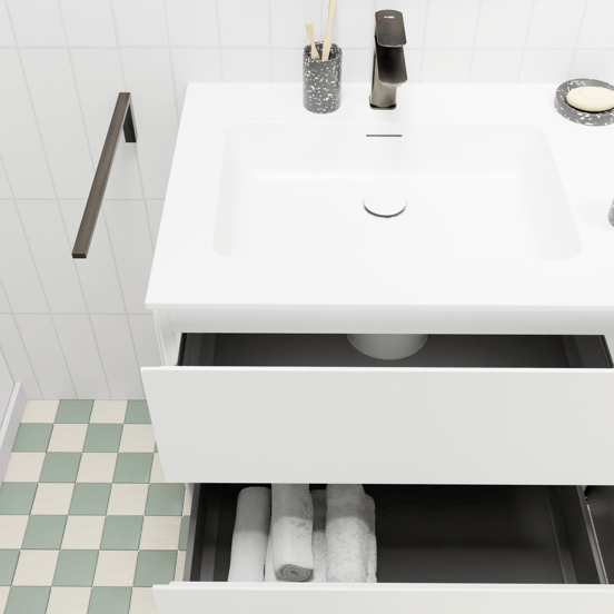 Storke Edge zwevend badmeubel 150 x 52 cm mat wit met Mata dubbele wastafel in solid surface mat wit