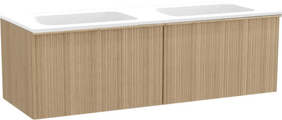 Balmani Forma hängendes Möbelstück Set: 150 x 55 cm, Naturbelassene Eiche, mit Tablo Strada Doppelwaschtisch, Marmorkomposit, Weiß matt, Vertikale asymmetrische Runde Rippe