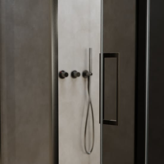 Balmani Senses Design douchecabine met rechtse draaideur en vaste zijwand, 100 x 100 cm, Rookglas, Brushed GunMetal profielen