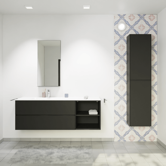 Storke Edge zwevend badmeubel 150 x 52 cm mat zwart met Mata asymmetrisch linkse wastafel in solid surface mat wit