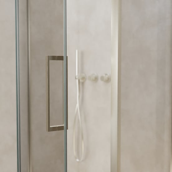 Balmani Senses Design douche en coin avec porte pivotante à gauche et paroi latérale fixe, 100 x 70 cm, Verre transparent, Profil Brushed CoolMetal, coating inclus