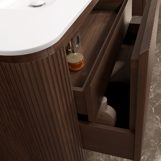 Balmani Moon zwevend badmeubel 160 x 55 cm amerikaans notenhout met Moon dubbele wastafel in solid surface mat wit, Verticale symmetrische rechte ribbel