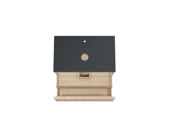 Balmani Forma zwevend badmeubel 90 x 55 cm naturel eiken met Rock enkel wastafelblad in zwart graniet, Verticale asymmetrische ronde ribbel