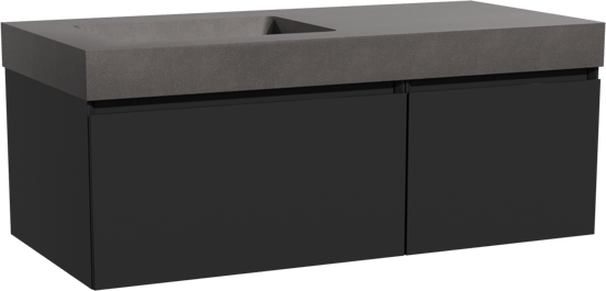 Storke Edge zwevend badmeubel 110 x 52 cm mat zwart met Scuro High asymmetrisch linkse wastafel in kwarts mat zwart