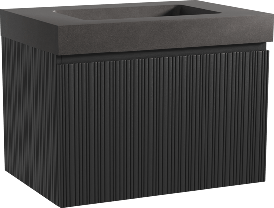 Storke Ribs zwevend badmeubel 75 x 52 cm zwart eiken met Scuro High enkele wastafel in kwarts mat zwart, Verticale asymmetrische rechte ribbel