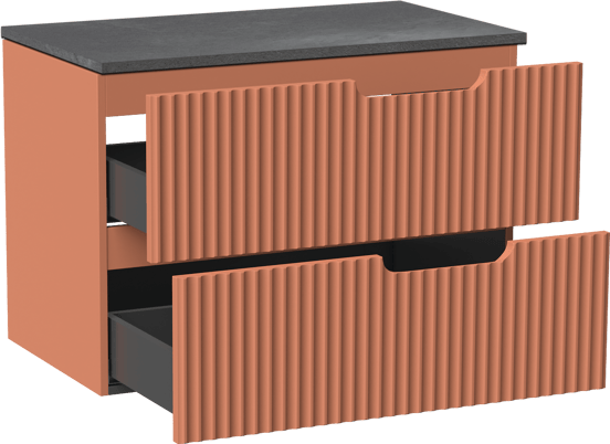 Linie Ribbo zwevend badmeubel 80 x 46 cm cotto met Lado enkel wastafelblad in melamine grijze leisteen, Verticale symmetrische ronde ribbel