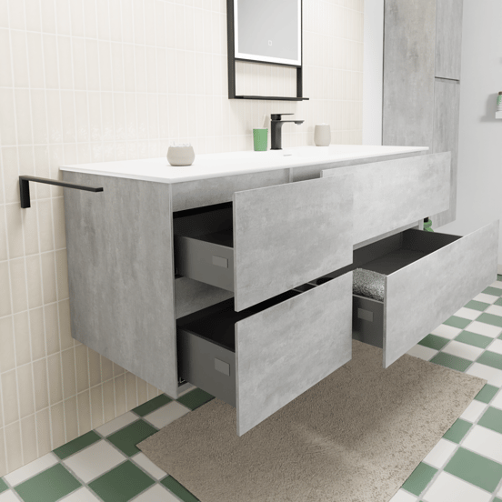 Storke Edge zwevend badmeubel 140 x 52 cm beton donkergrijs met Mata asymmetrisch rechtse wastafel in solid surface mat wit