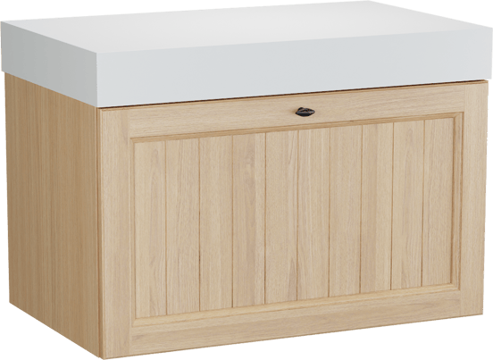 Balmani Lemon hängendes Möbelstück Set: 90 x 55 cm, Naturbelassene Eiche Furnier, mit Dominus Einzel Waschtischplatte, Weiß matt