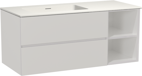 Storke Edge meuble salle de bains suspendu 120 x 52 cm blanc brillant avec Mata plan vasque asymétrique à gauche en solid surface blanc mat