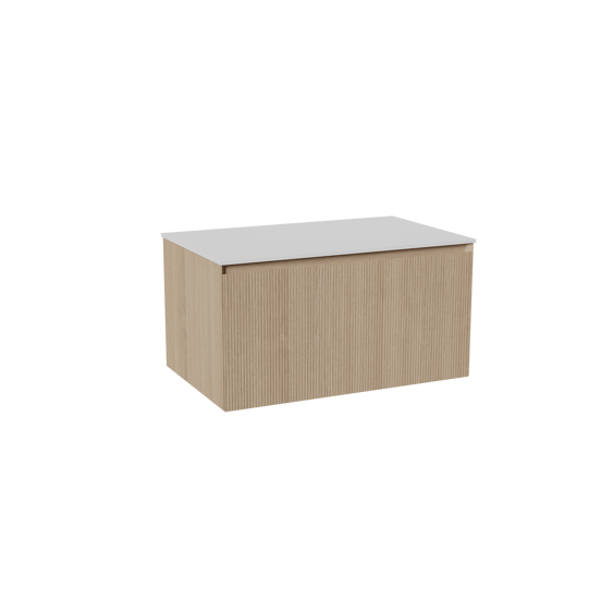 Balmani Fila zwevend badkamermeubel 90 x 55 cm natuur eik met Stretto enkel tablet in solid surface mat wit, Verticale symmetrische rechte ribbel