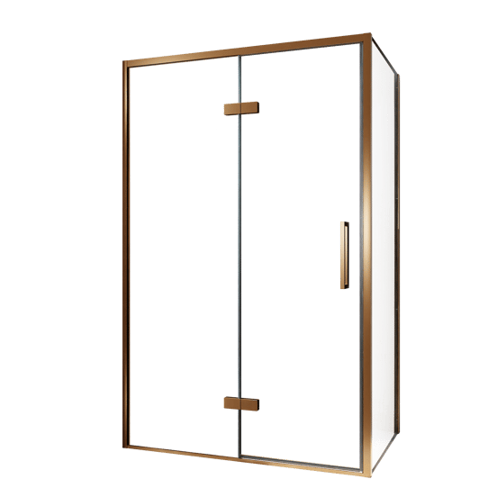 Balmani Senses Design douche en coin avec porte pivotante à gauche et paroi latérale fixe, 120 x 90 cm, Verre transparent, Profil Brushed Rosegold, coating inclus, coating inclus