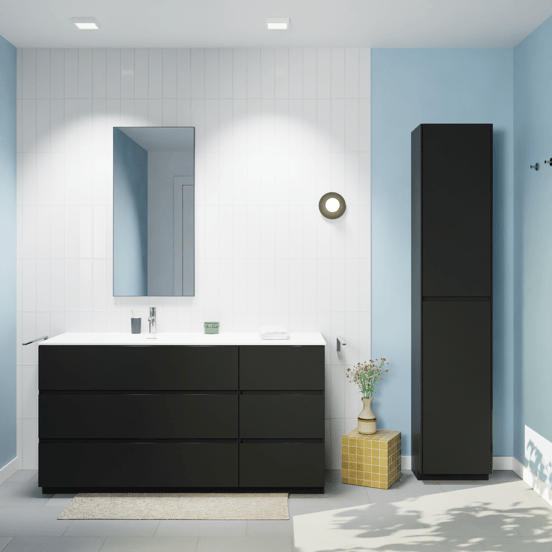 Storke Edge meuble salle de bains à poser 150 x 52 cm noir mat avec Mata plan vasque asymétrique à gauche en solid surface blanc mat