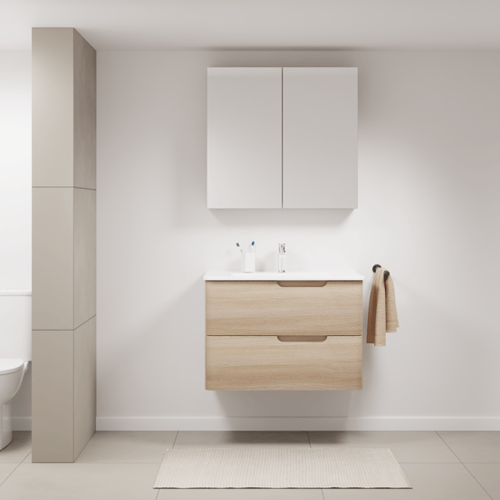Linie Curvo meuble salle de bains suspendu 80 x 46 cm chêne clair avec Baro Curvo plan simple en porcelaine blanc brillant