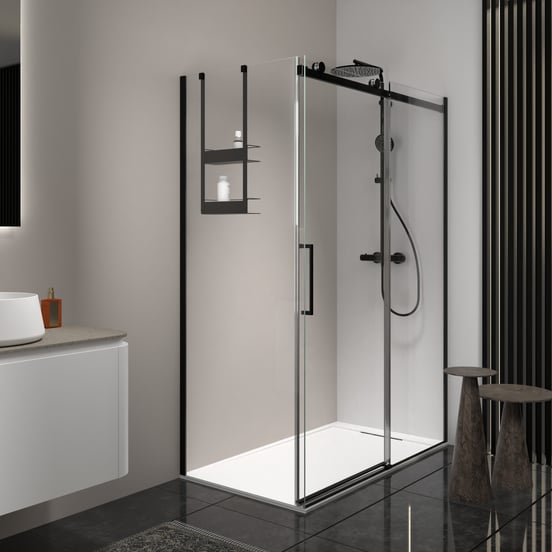 Luca Varess Boltano paroi de douche avec porte coulissante et paroi latérale fixe, 120 x 80 cm, verre transparent, profil noir