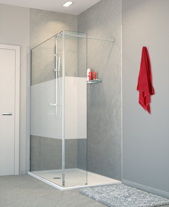 Balmani Modular Walk-In-Dusche mit fester Seitenwand 140 x 200 cm, Klarglas mit mattiertem Streifen, Profil chrom glänzend