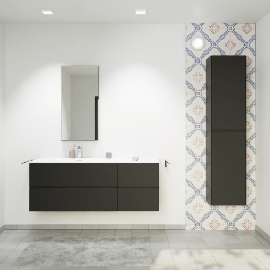 Storke Edge meuble salle de bains suspendu 140 x 52 cm noir mat avec Mata plan vasque asymétrique à gauche en solid surface blanc mat