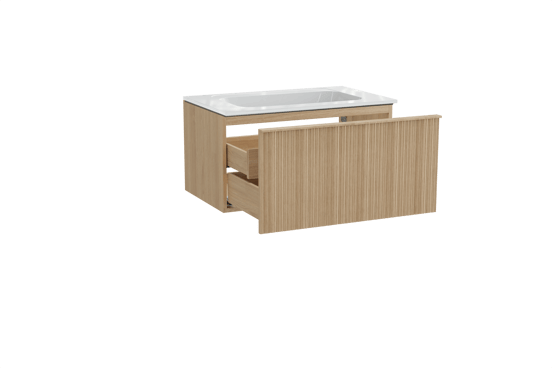 Balmani Forma hängendes Möbelstück Set: 90 x 55 cm, Naturbelassene Eiche, mit Tablo Strada Einzelwaschtisch, Marmorkomposit, Weiß glänzend, Vertikale asymmetrische Runde Rippe