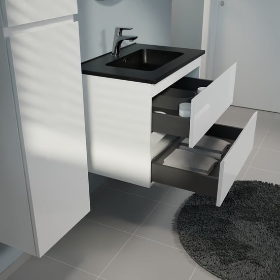 Linie Lado zwevend badmeubel 70 x 46 cm hoogglans wit met Vano enkele wastafel in composietmarmer mat zwart