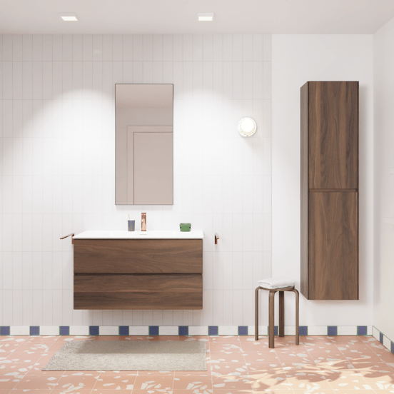 Storke Edge zwevend badmeubel 95 x 52 cm notenhout met Mata enkele wastafel in solid surface mat wit