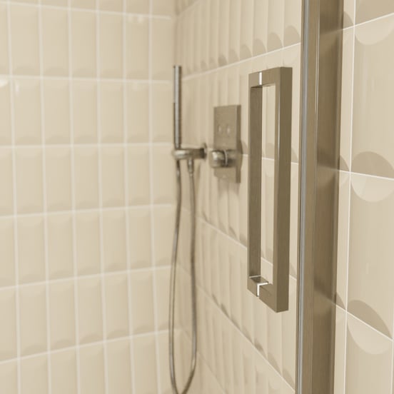 Balmani Senses Design Dusche Schiebetür, umkehrbar, 160 cm x 210 cm, Klarglas, Profil Brushed GunMetal, inklusive Coating