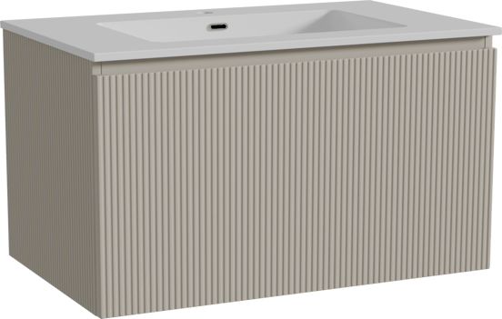 Storke Ribs zwevend badmeubel 85 x 52 cm zijdegrijs met Diva enkele wastafel in composietmarmer hoogglans wit, Verticale symmetrische rechte ribbel