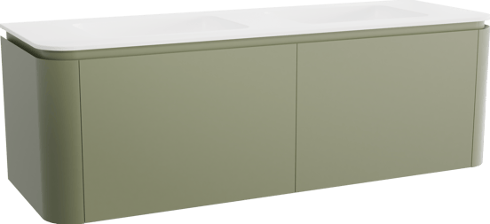 Balmani Moon zwevend badkamermeubel 160 x 55 cm saliegroen met Moon dubbele wastafel in solid surface mat wit