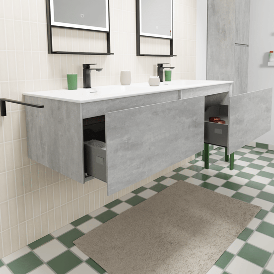 Storke Edge zwevend badmeubel 150 x 52 cm beton donkergrijs met Mata dubbele wastafel in solid surface mat wit