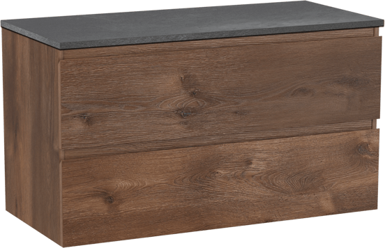 Linie Lado hängendes Möbelstück Set: 100 x 46 cm, Braune Eiche, mit Lado Einzel- oder Doppel Waschtischplatte, Melamin Schiefergrau