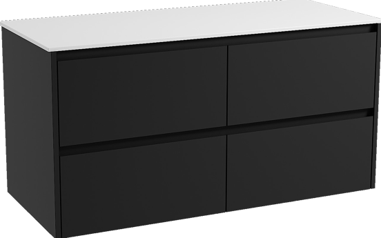 Storke Seda zwevend badmeubel 120 x 52 cm mat zwart met Tavola enkel of dubbel wastafelblad in solid surface mat wit