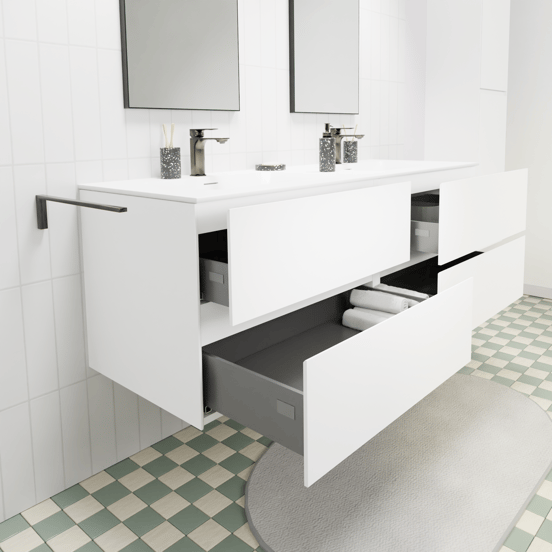 Storke Edge zwevend badmeubel 150 x 52 cm mat wit met Mata dubbele wastafel in solid surface mat wit