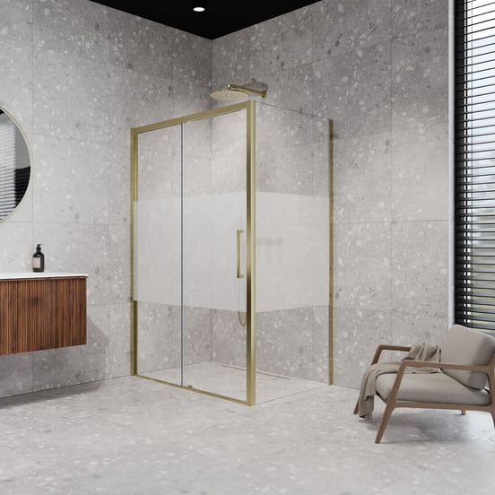 Balmani Senses Design douchehoek met linkse schuifdeur en vaste zijwand, 160 x 90 cm, Helder glas met matte strook, Brushed Champagne Gold profielen