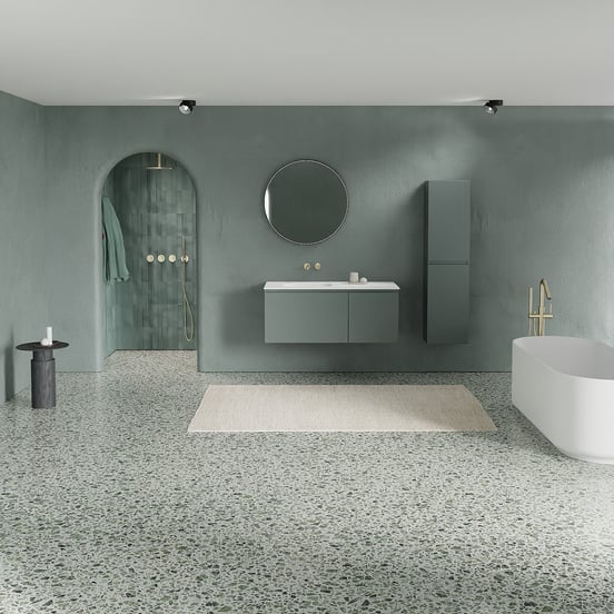 Balmani Sfera zwevend badkamermeubel 120 x 55 cm forest met Tablo Arcato asymmetrisch linkse wastafel in solid surface mat wit