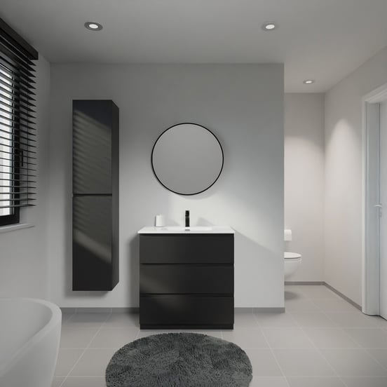 Linie Lado staand badkamermeubel 80 x 46 cm mat zwart met Baro enkele wastafel in porselein glanzend wit