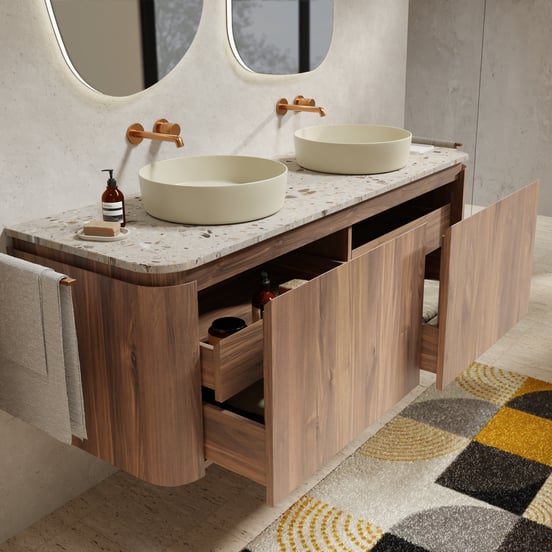 Balmani Moon zwevend badkamermeubel 160 x 55 cm amerikaanse notelaar met Moon enkel of dubbel tablet in terrazzo greige terrazzo