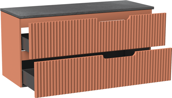 Linie Ribbo hängendes Möbelstück Set: 120 x 46 cm, Cotto, mit Lado Einzel- oder Doppel Waschtischplatte, Melamin, Schiefergrau, Vertikale symmetrische runde Rippe