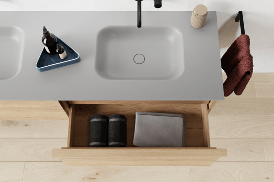 Balmani Forma hängender Waschbeckenunterschrank: horizontale Rippen, 90 x 55 cm, Eiche Natur, 2 Schubladen