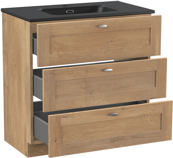 Linie Classo freistehendes Möbelstück Set: 80 x 46 cm, Naturbelassene Eiche, mit Baro Einzelwaschtisch, Porzellan Schwarz matt