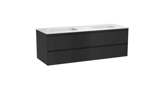 Balmani Mitra zwevend badkamermeubel 150 x 55 cm mat zwart met Tablo Arcato dubbele wastafel in solid surface mat wit